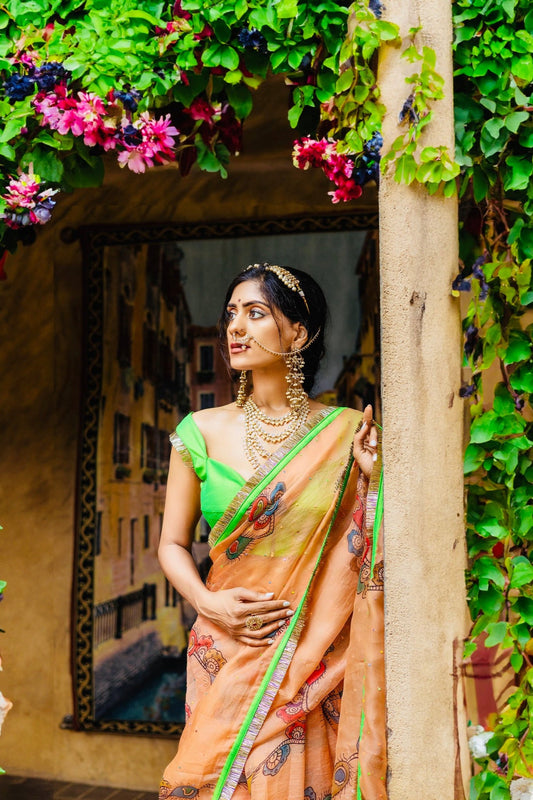 Meera handpainted organza saree available online in the USA