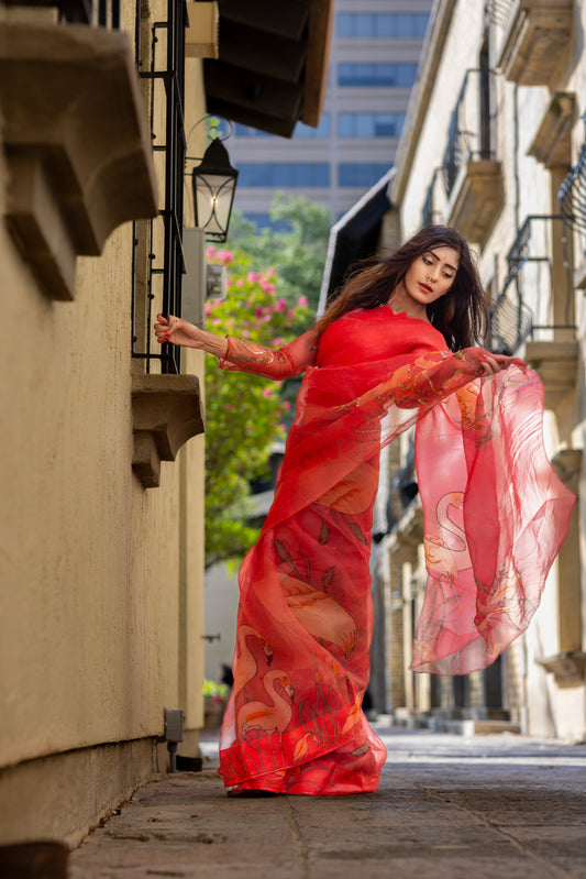 Kanmani – Red Pure Organza Silk Saree with Handpainted Flamingo Motifs