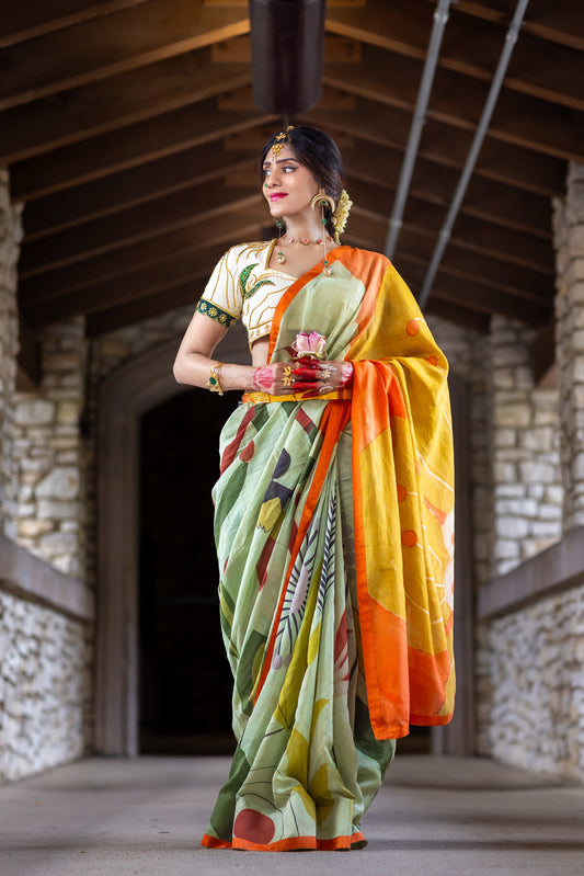 Devika – Handspun Pure Chanderi Cotton Silk Saree with Pen Kalamkari Art