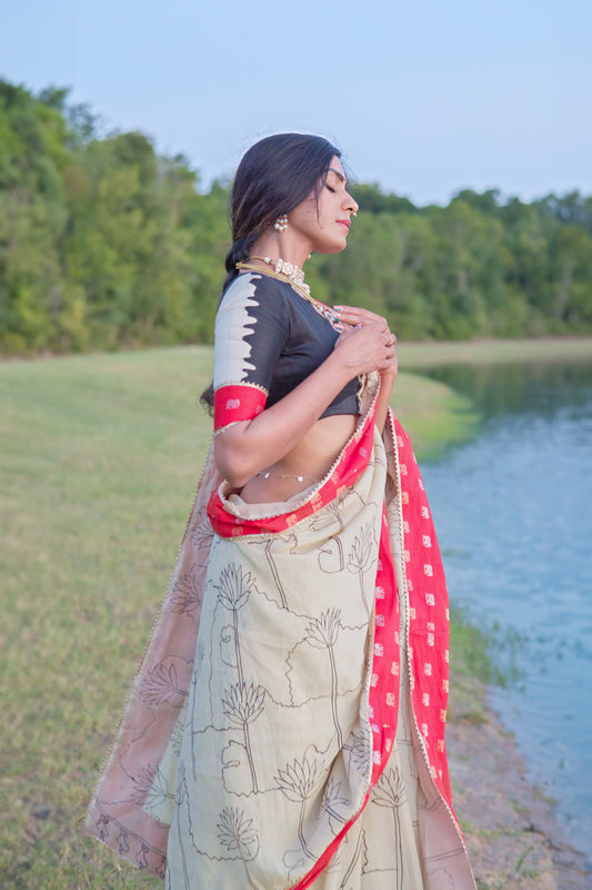 Handpainted Bangalore Silk Saree with Red Elephant Border – USA