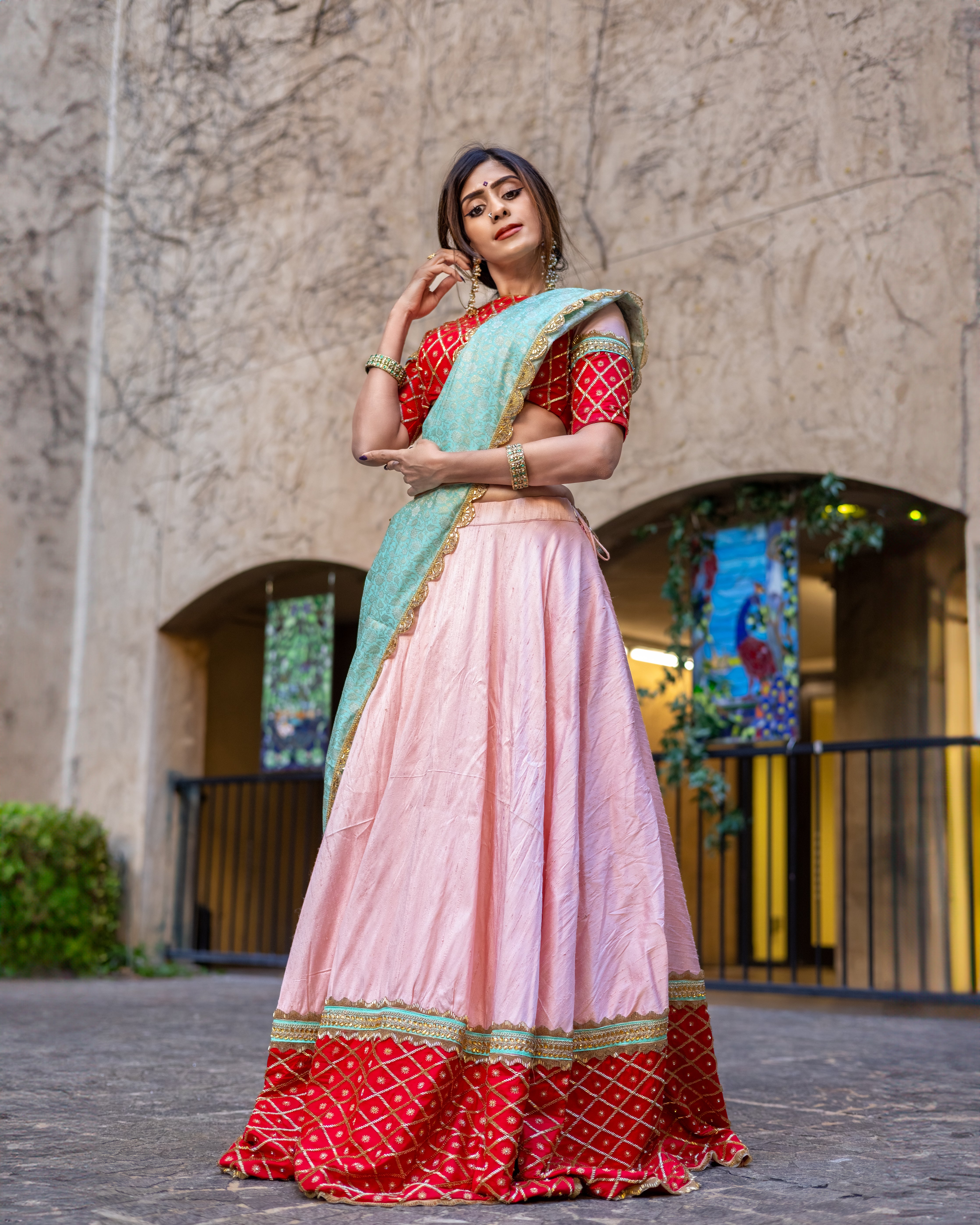 Buy Pari: Pastel Pink Raw Silk Lehenga with Red Pattu Silk Border | USA