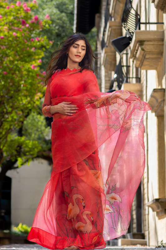 Kanmani – Red Pure Organza Silk Saree with Handpainted Flamingo Motifs