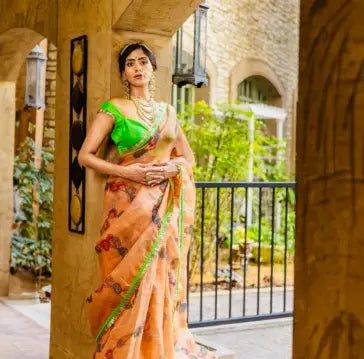 Buy Meera β Handpainted Pure Organza Saree with Customizable Blouse | USA
