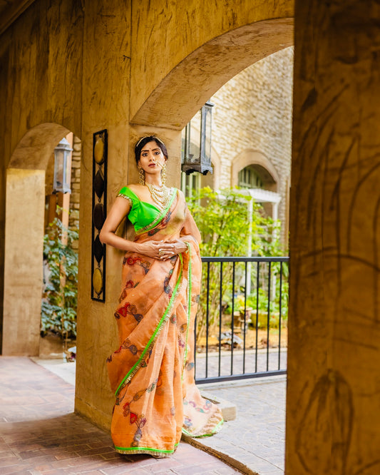 Meera – Handpainted Pure Organza Saree with Customizable Blouse