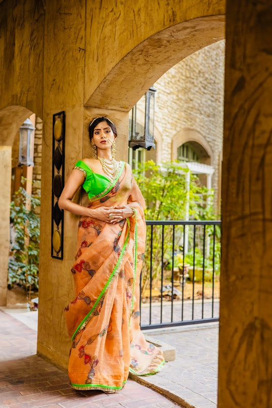 Meera handpainted organza saree available online in the USA