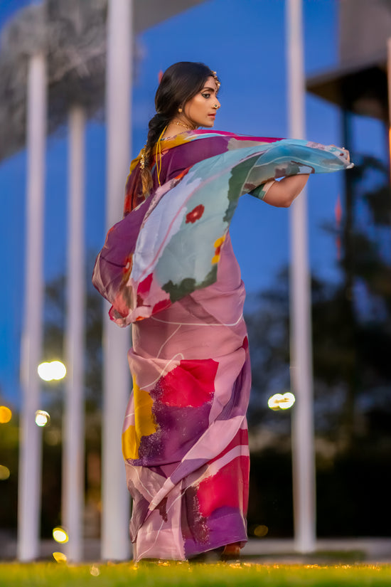Antara – Abstract Art Digitally Printed Saree in Pure Satin Organza Silk
