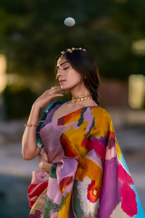 Antara – Abstract Art Digitally Printed Saree in Pure Satin Organza Silk