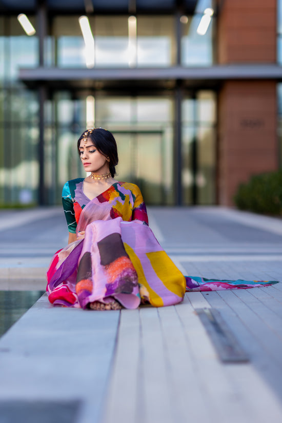 Antara – Abstract Art Digitally Printed Saree in Pure Satin Organza Silk