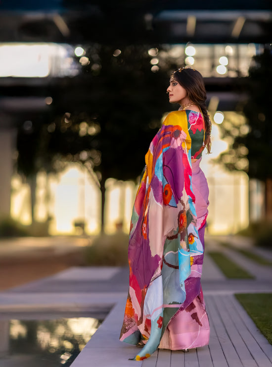 Antara – Abstract Art Digitally Printed Saree in Pure Satin Organza Silk