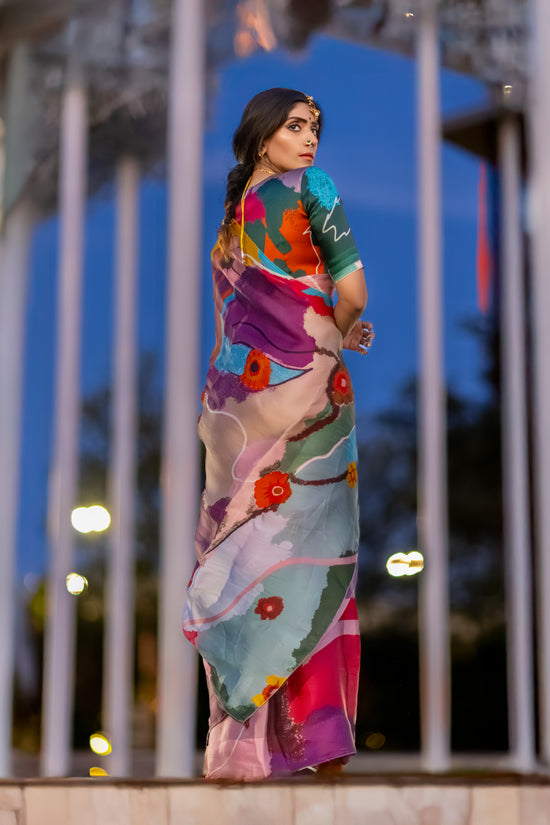 Antara – Abstract Art Digitally Printed Saree in Pure Satin Organza Silk
