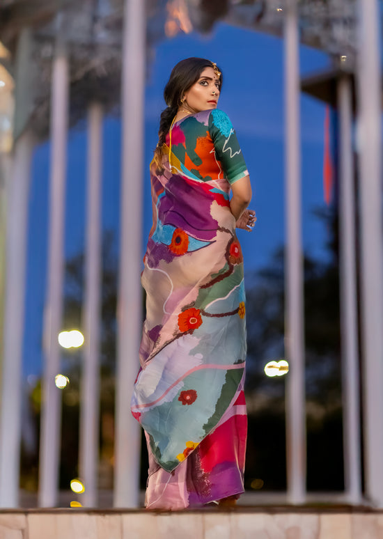 Antara – Abstract Art Digitally Printed Saree in Pure Satin Organza Silk
