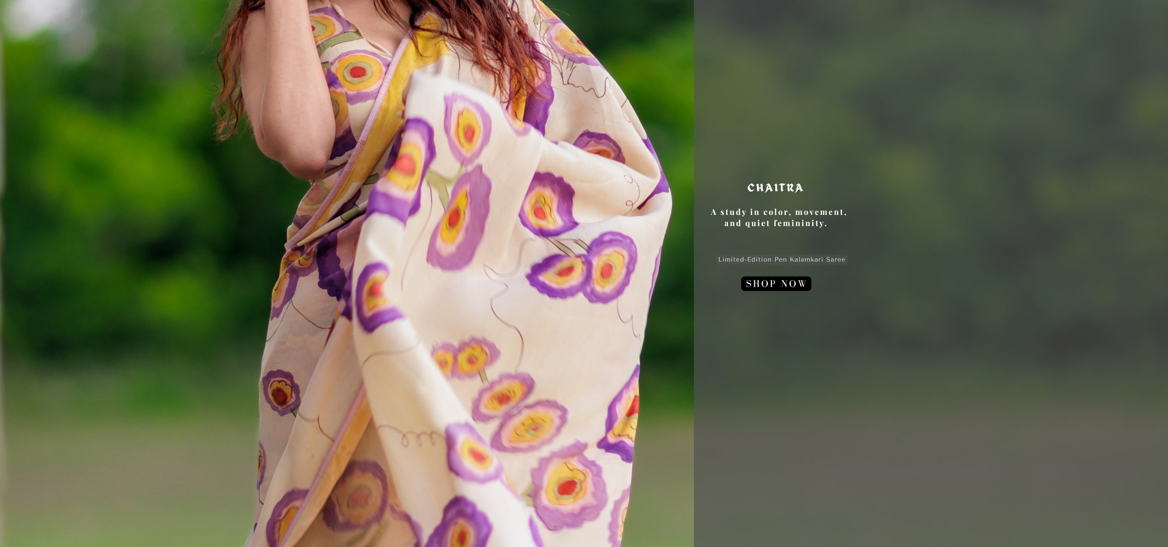 Woman wearing pen kalamkari saree by artisanal Indian label in Texas