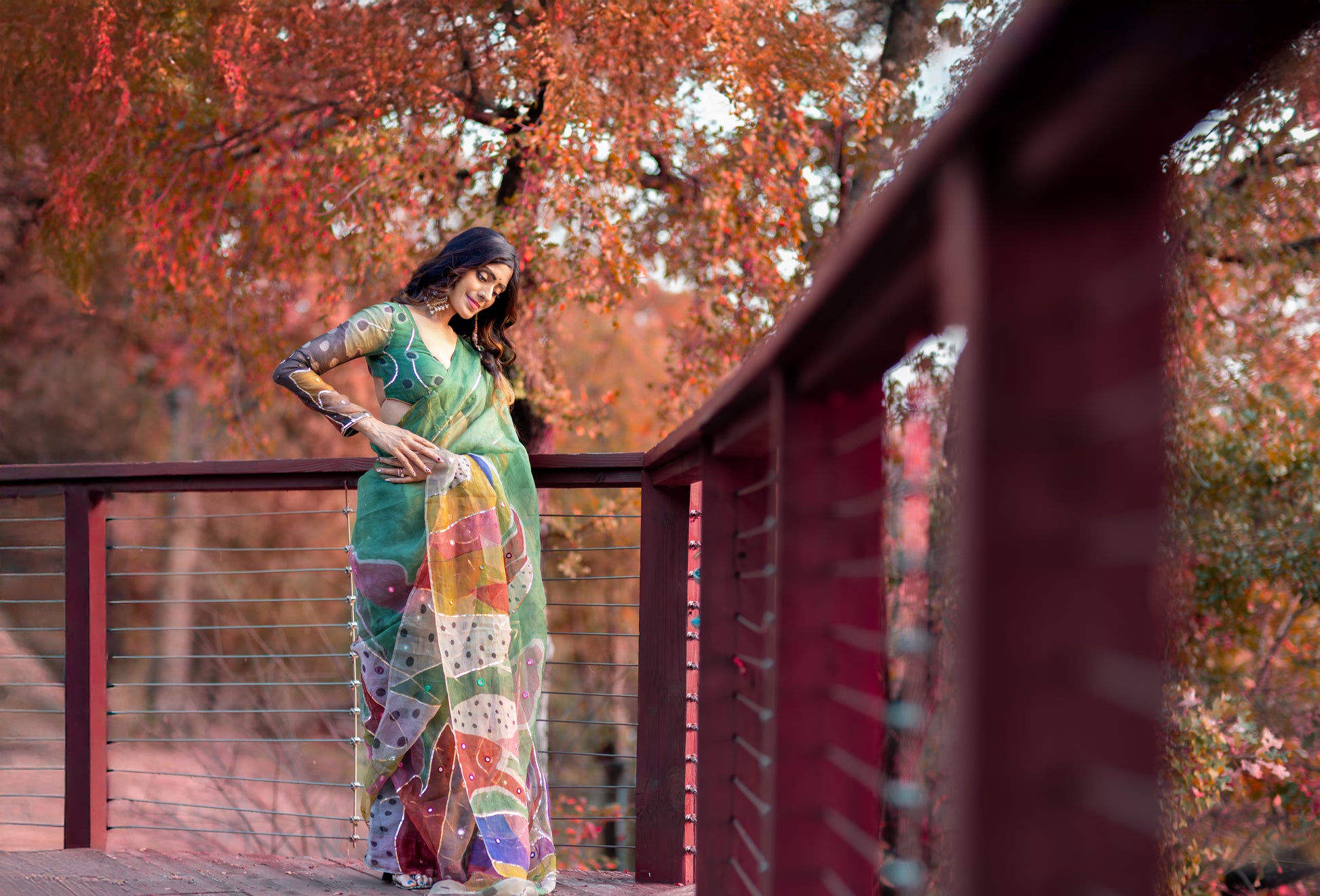 Chitra – Forest Green Pure Organza Silk Saree with Handpainted Abstract Art & Hand‑Embroidered Sequin Work