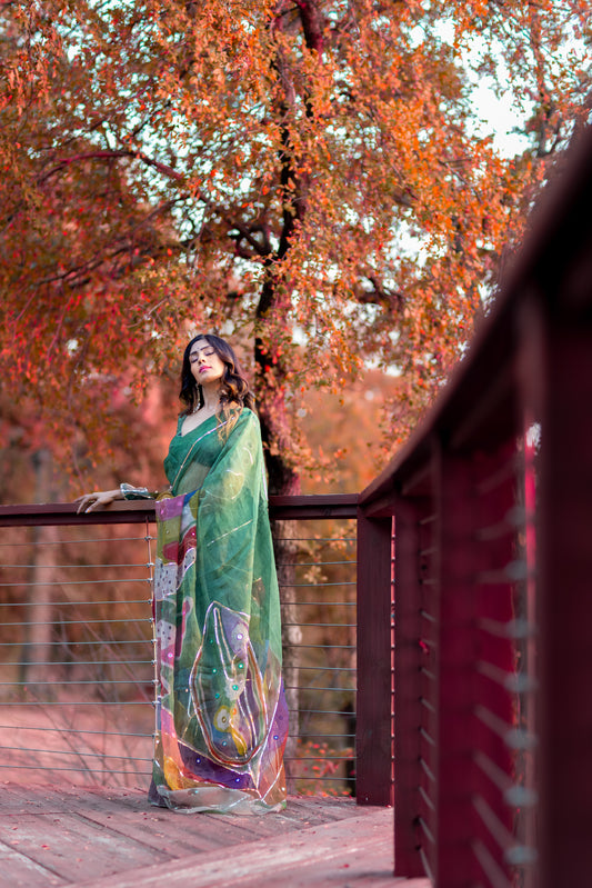 Chitra – Forest Green Pure Organza Silk Saree with Handpainted Abstract Art & Hand‑Embroidered Sequin Work