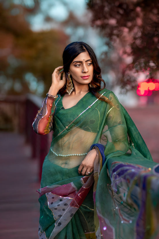 Chitra – Forest Green Pure Organza Silk Saree with Handpainted Abstract Art & Hand‑Embroidered Sequin Work
