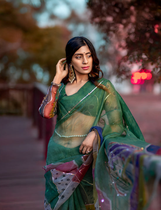 Chitra – Forest Green Pure Organza Silk Saree with Handpainted Abstract Art & Hand‑Embroidered Sequin Work
