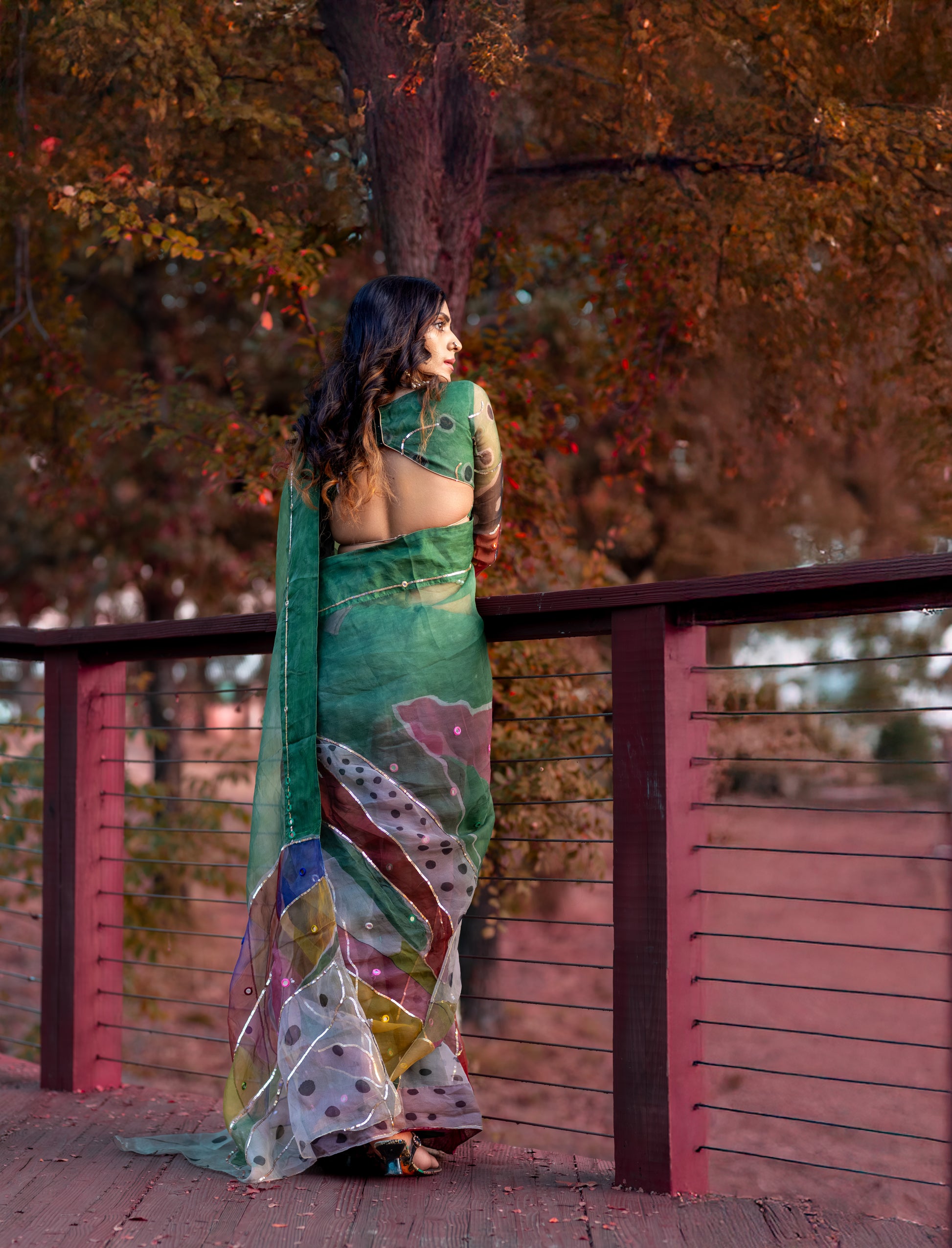 Chitra – Forest Green Pure Organza Silk Saree with Handpainted Abstract Art & Hand‑Embroidered Sequin Work