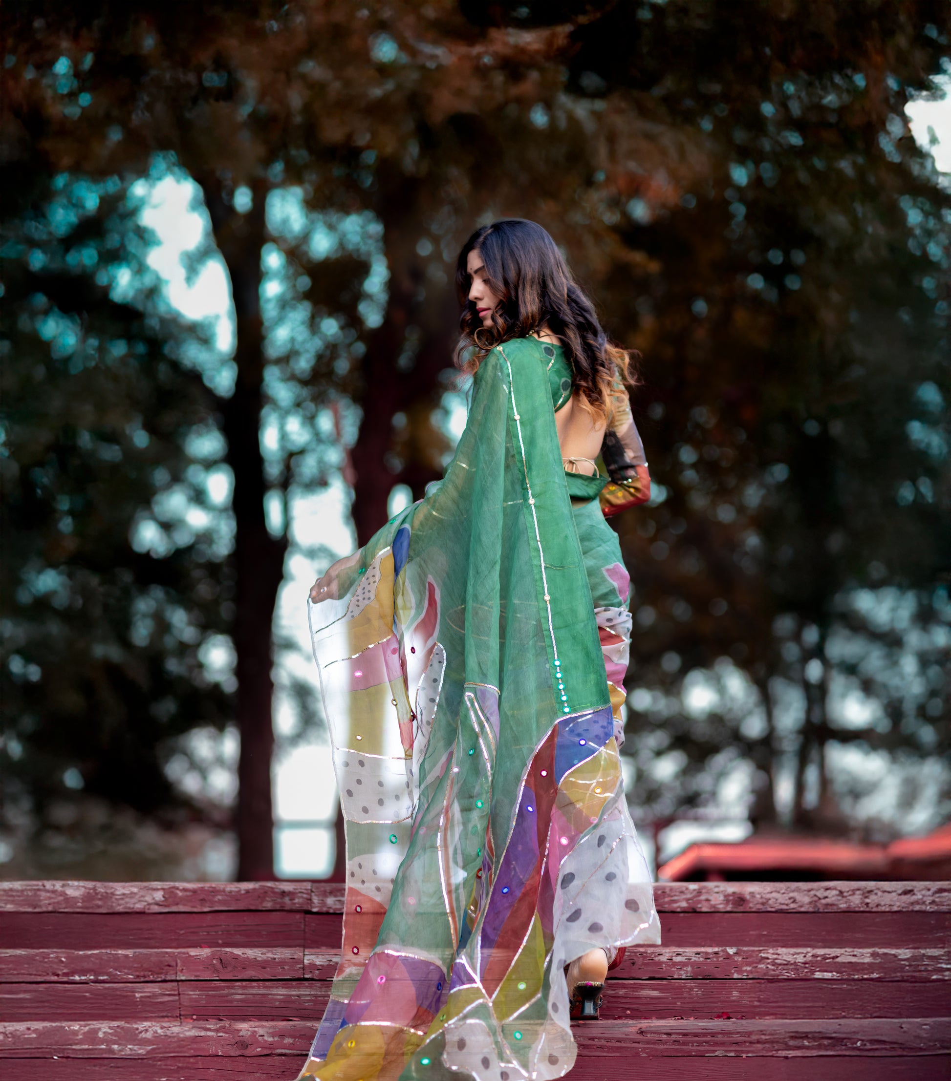 Chitra – Forest Green Pure Organza Silk Saree with Handpainted Abstract Art & Hand‑Embroidered Sequin Work