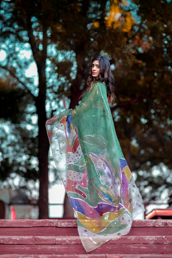 Chitra – Forest Green Pure Organza Silk Saree with Handpainted Abstract Art & Hand‑Embroidered Sequin Work