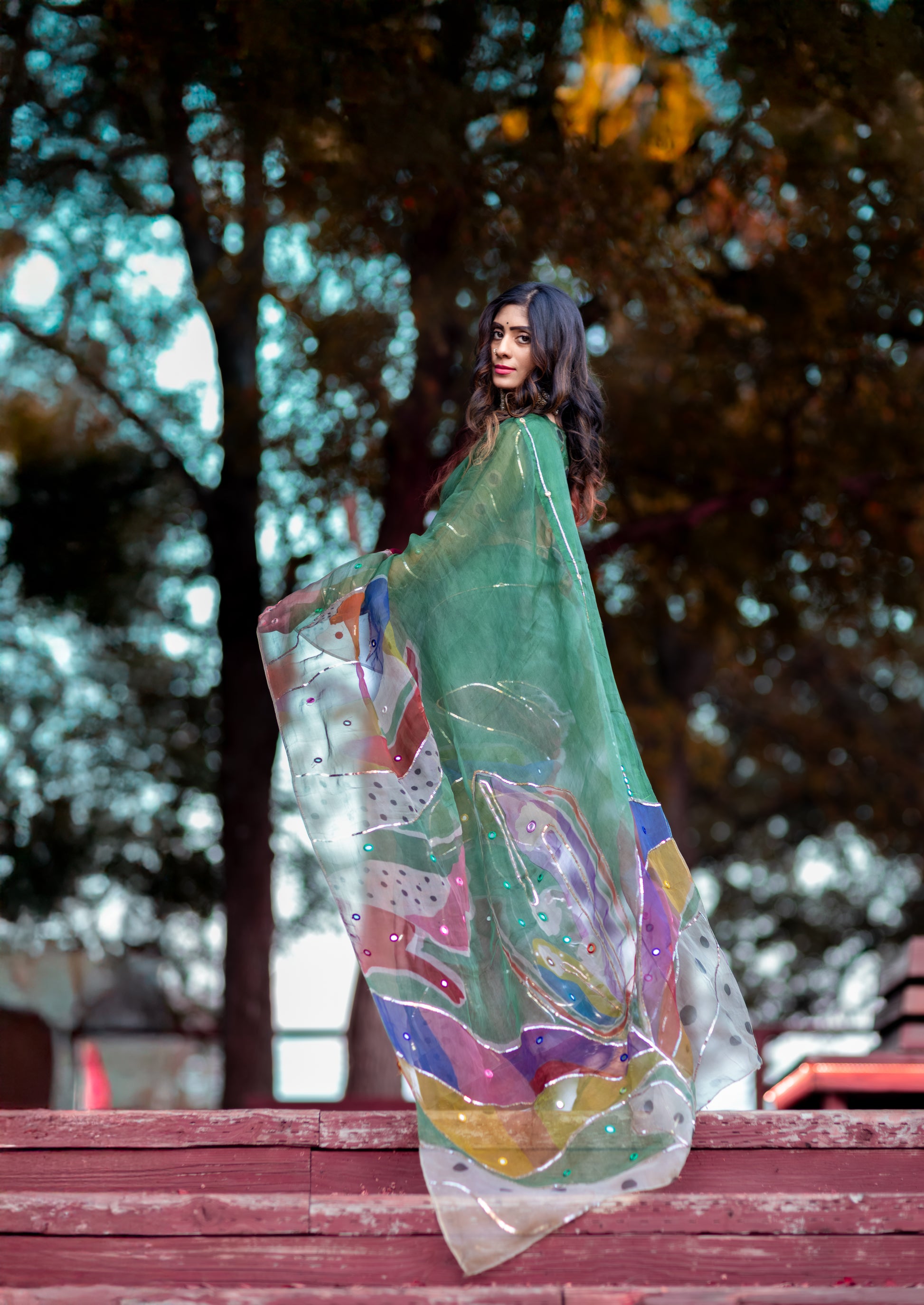 Chitra – Forest Green Pure Organza Silk Saree with Handpainted Abstract Art & Hand‑Embroidered Sequin Work