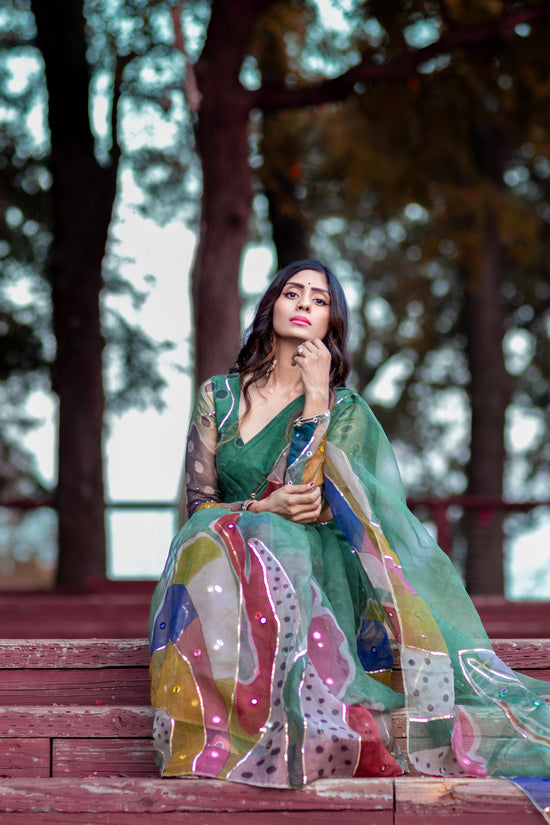 Chitra – Forest Green Pure Organza Silk Saree with Handpainted Abstract Art & Hand‑Embroidered Sequin Work