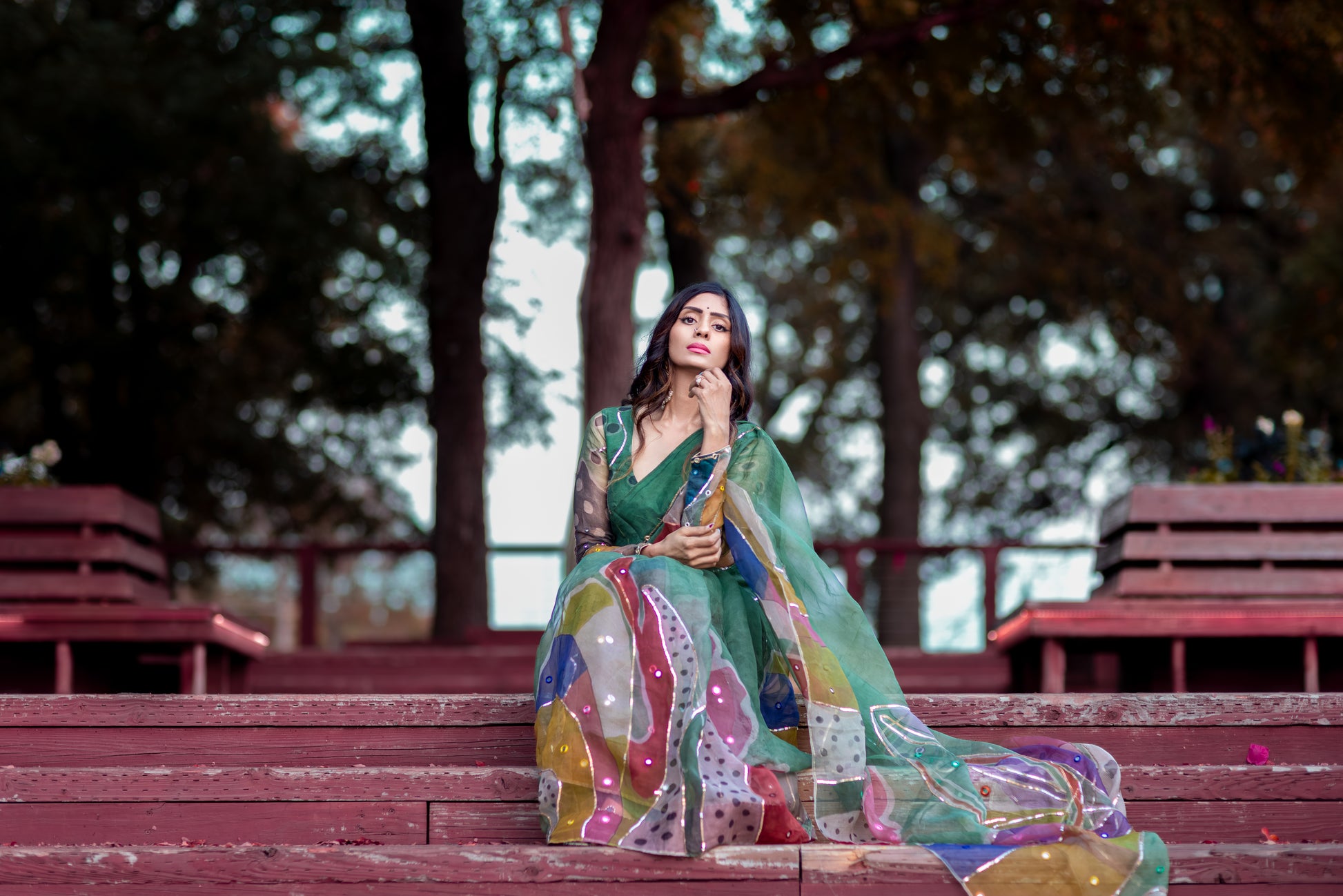 Chitra – Forest Green Pure Organza Silk Saree with Handpainted Abstract Art & Hand‑Embroidered Sequin Work