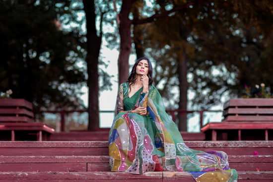 Chitra – Forest Green Pure Organza Silk Saree with Handpainted Abstract Art & Hand‑Embroidered Sequin Work