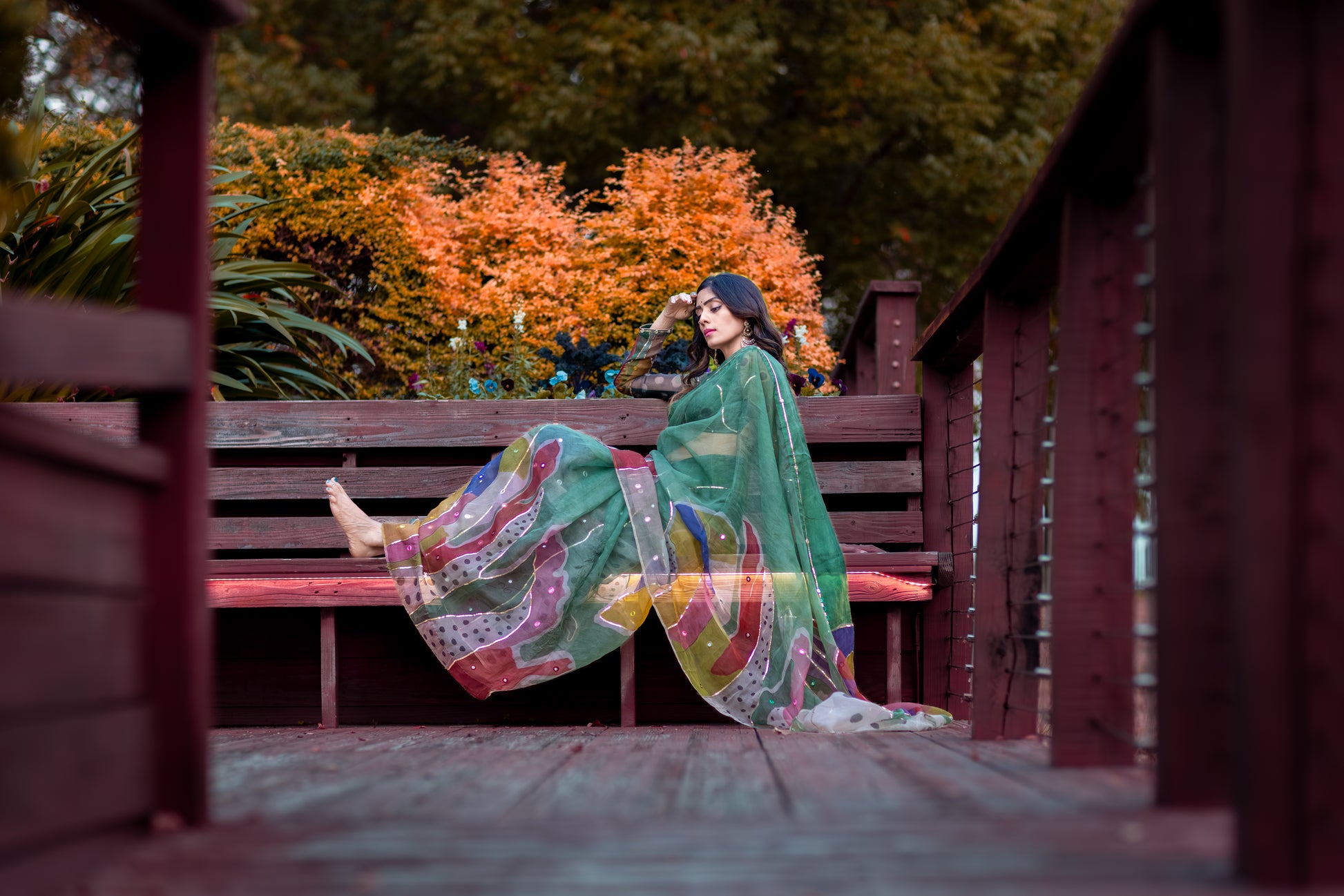 Chitra – Forest Green Pure Organza Silk Saree with Handpainted Abstract Art & Hand‑Embroidered Sequin Work