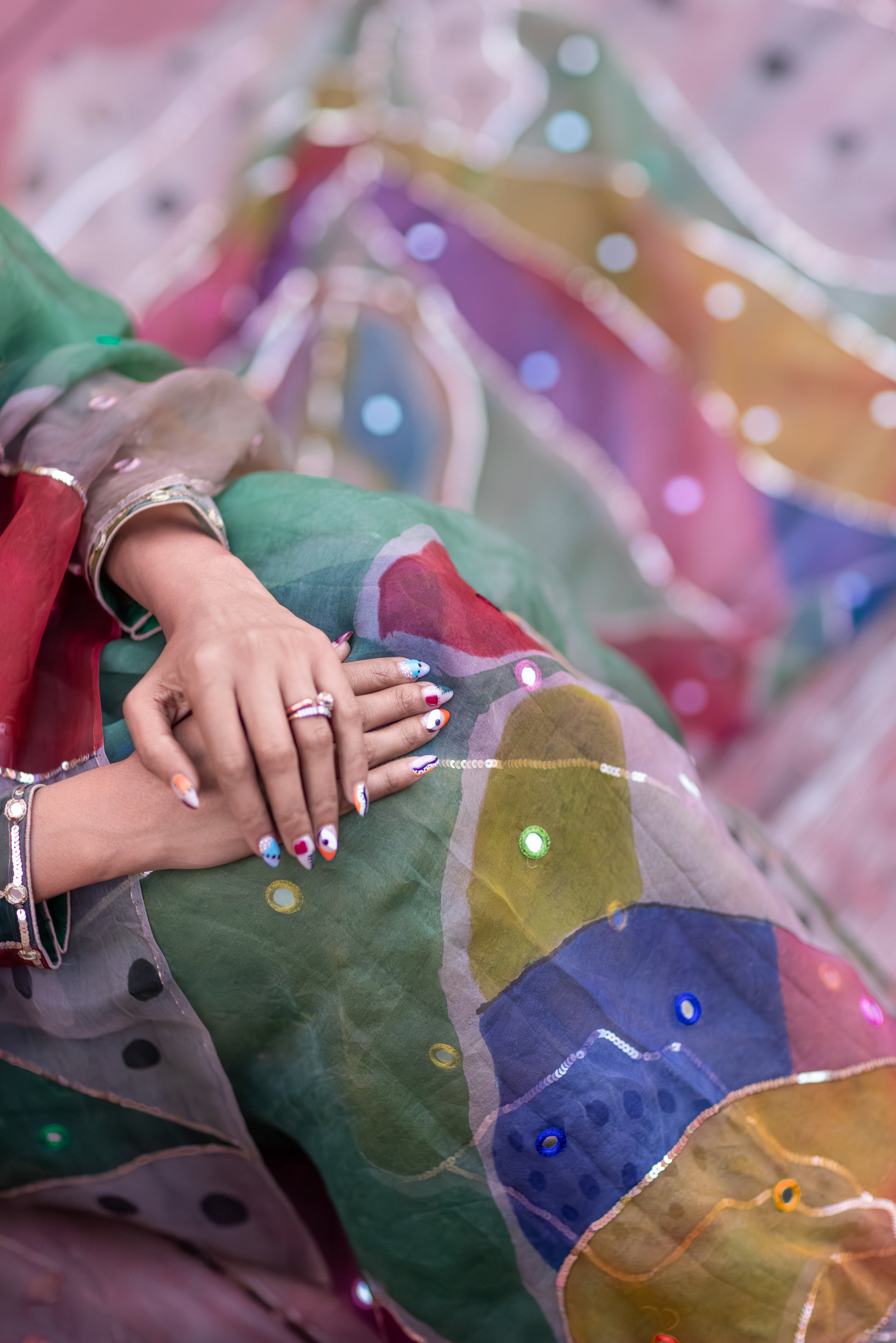 Chitra – Forest Green Pure Organza Silk Saree with Handpainted Abstract Art & Hand‑Embroidered Sequin Work