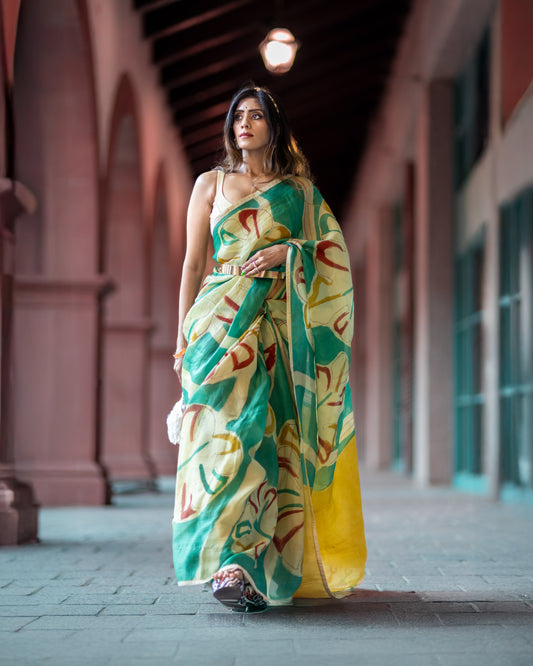 Gaia – Multicolor Abstract Pen Kalamkari Saree in Pure Satin Organza Silk