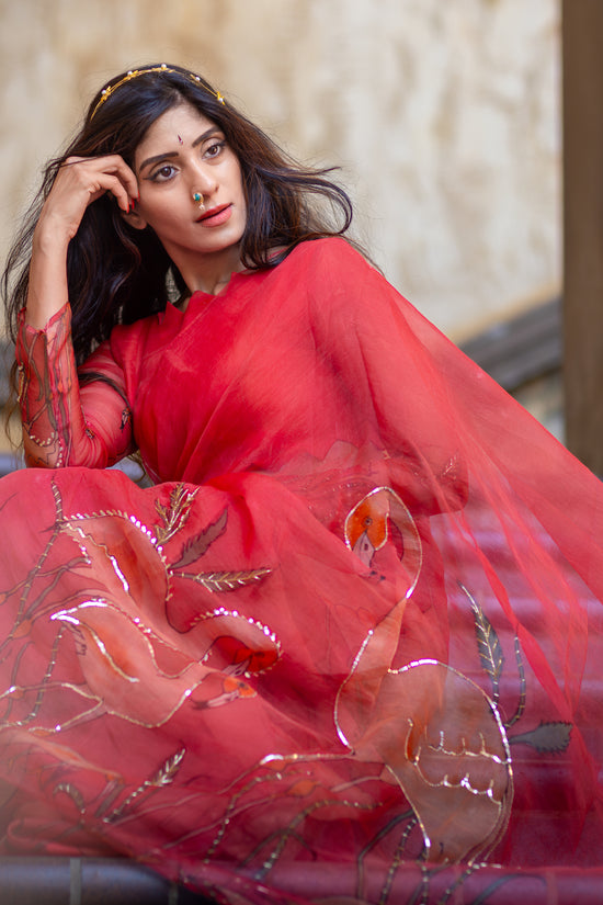 Kanmani – Red Pure Organza Silk Saree with Handpainted Flamingo Motifs