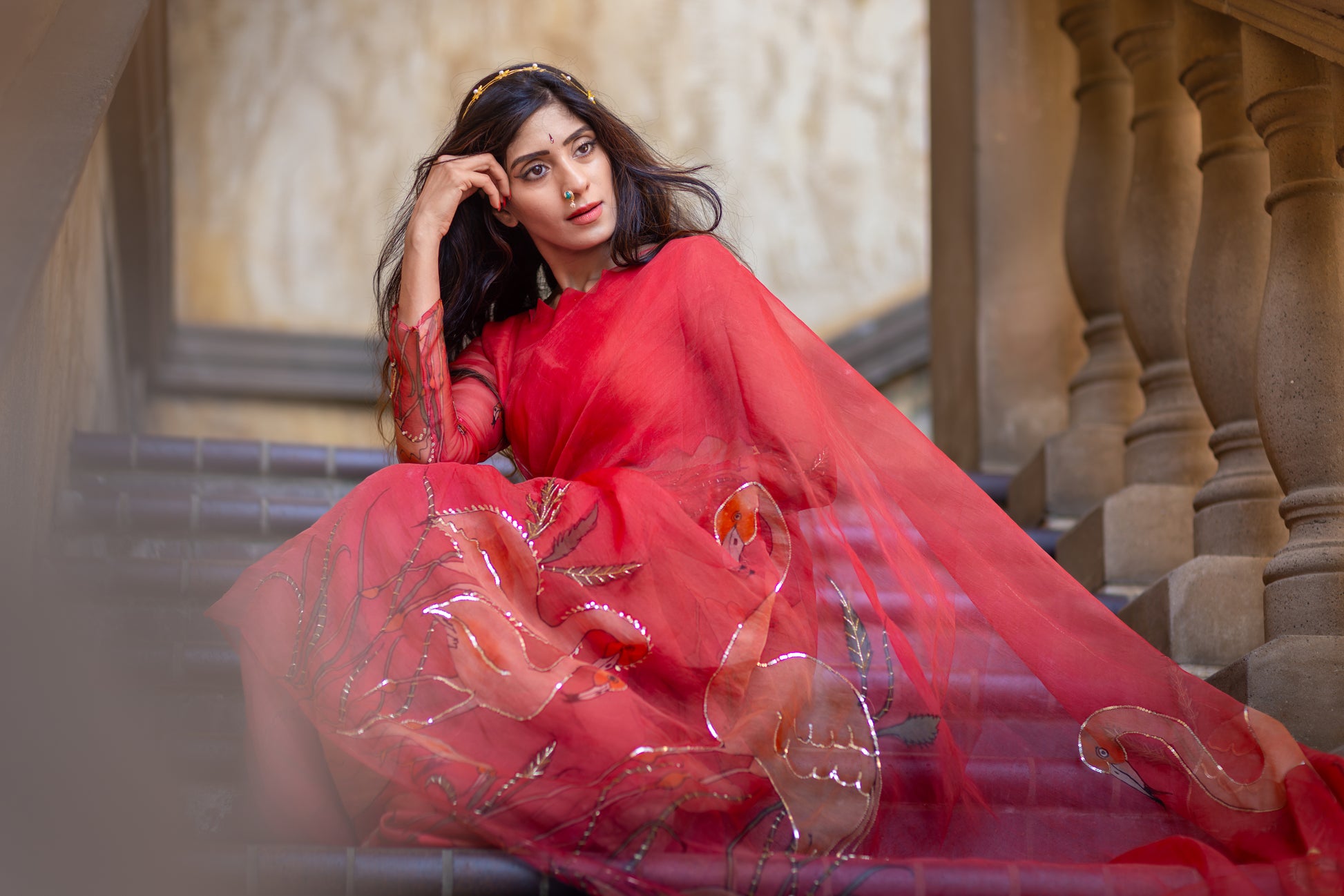 Kanmani – Red Pure Organza Silk Saree with Handpainted Flamingo Motifs
