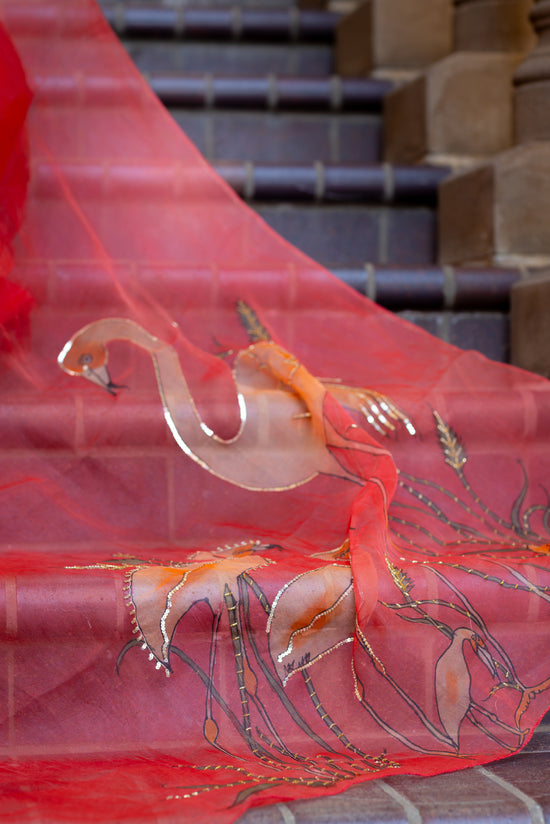 Kanmani – Red Pure Organza Silk Saree with Handpainted Flamingo Motifs