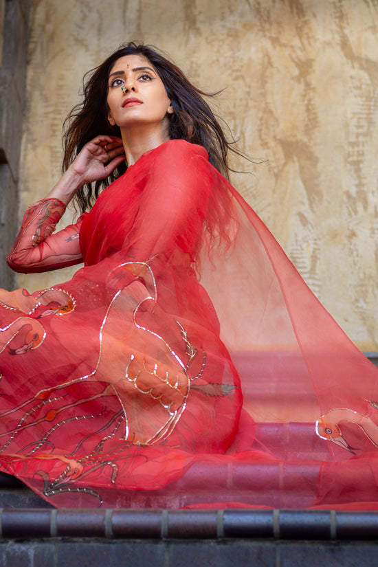 Kanmani – Red Pure Organza Silk Saree with Handpainted Flamingo Motifs