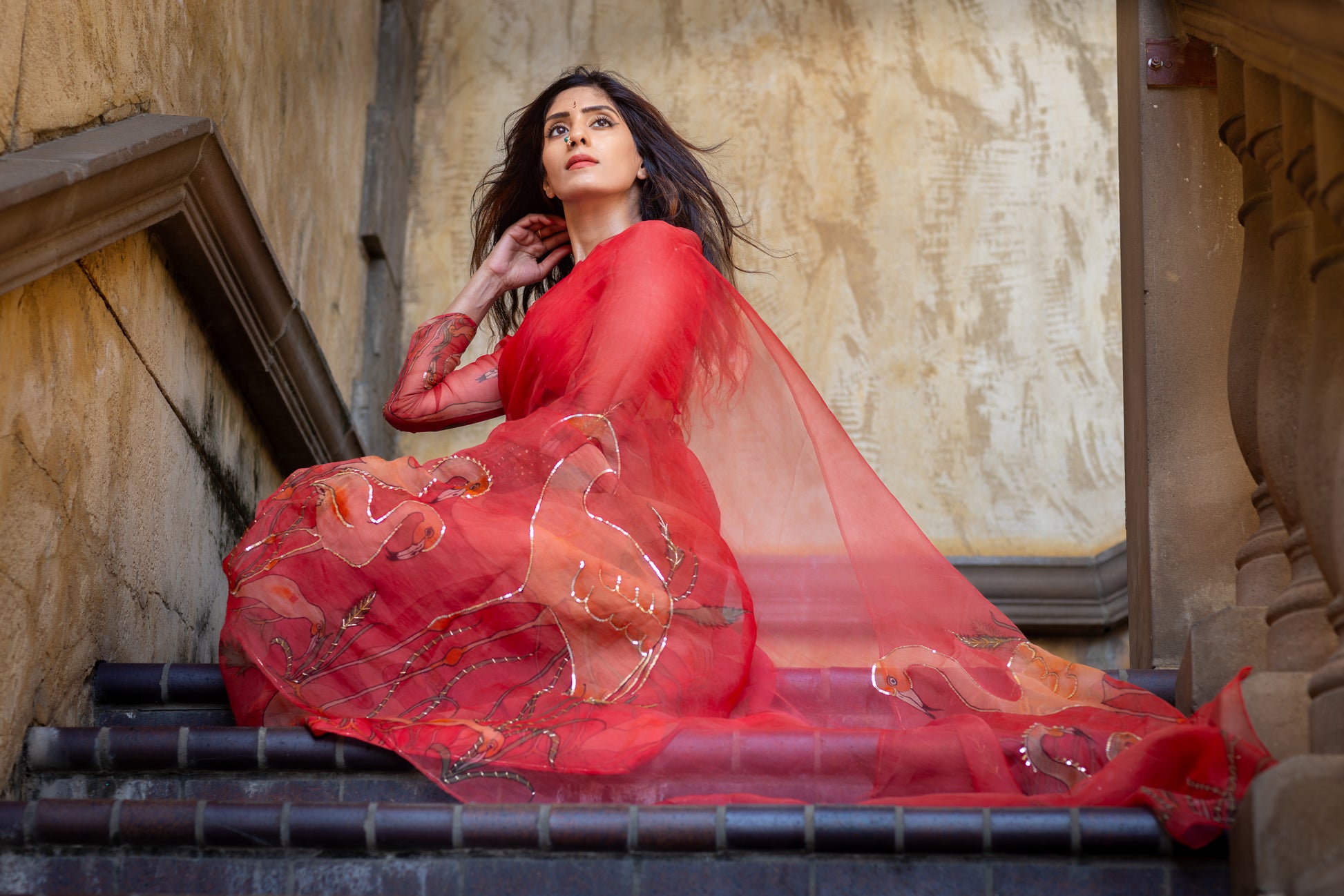 Kanmani – Red Pure Organza Silk Saree with Handpainted Flamingo Motifs