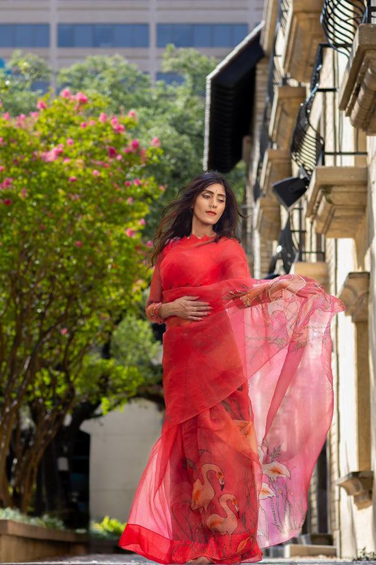 Kanmani – Red Pure Organza Silk Saree with Handpainted Flamingo Motifs