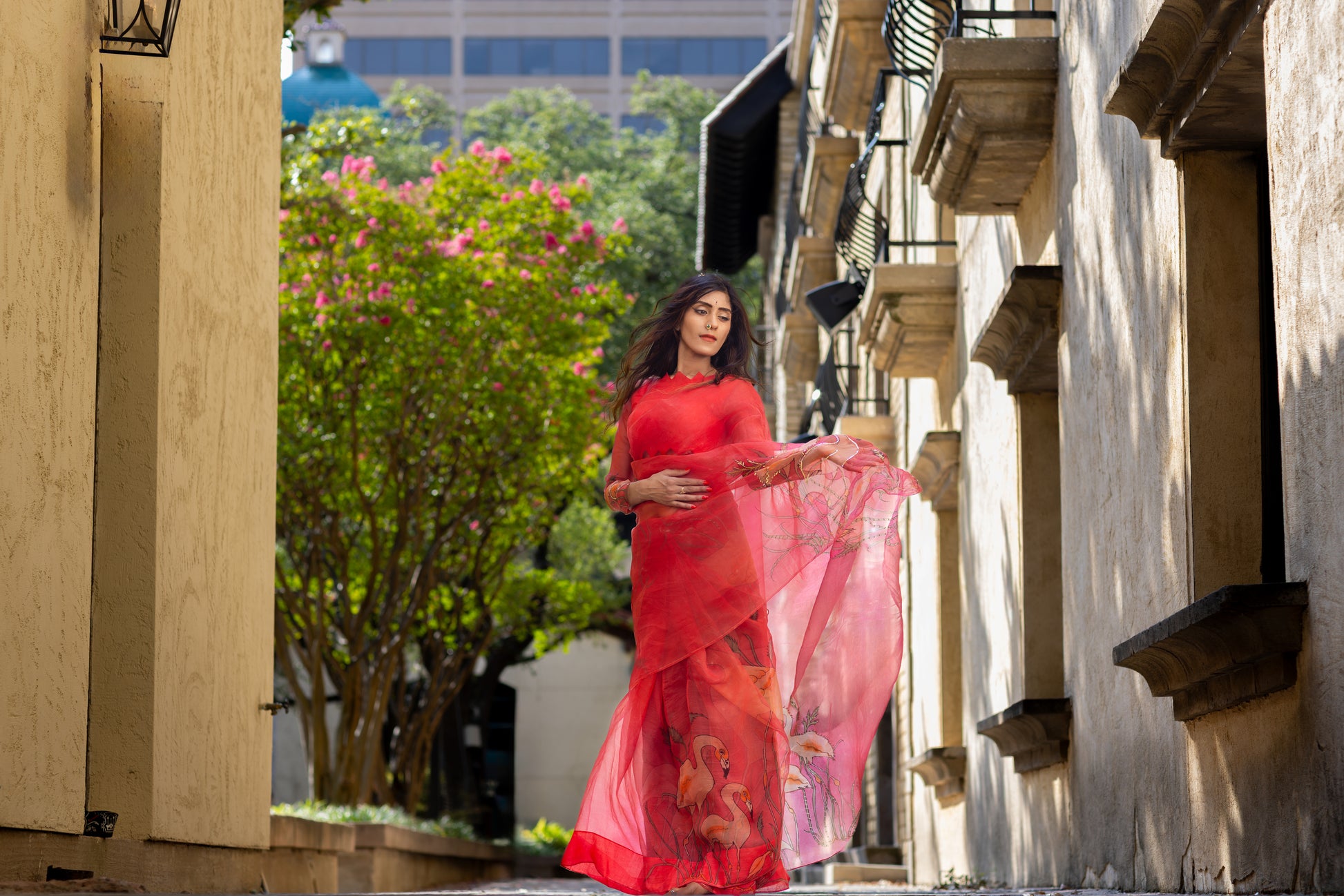 Kanmani – Red Pure Organza Silk Saree with Handpainted Flamingo Motifs
