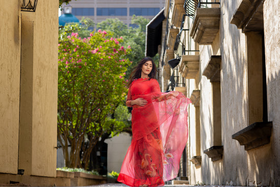 Kanmani – Red Pure Organza Silk Saree with Handpainted Flamingo Motifs