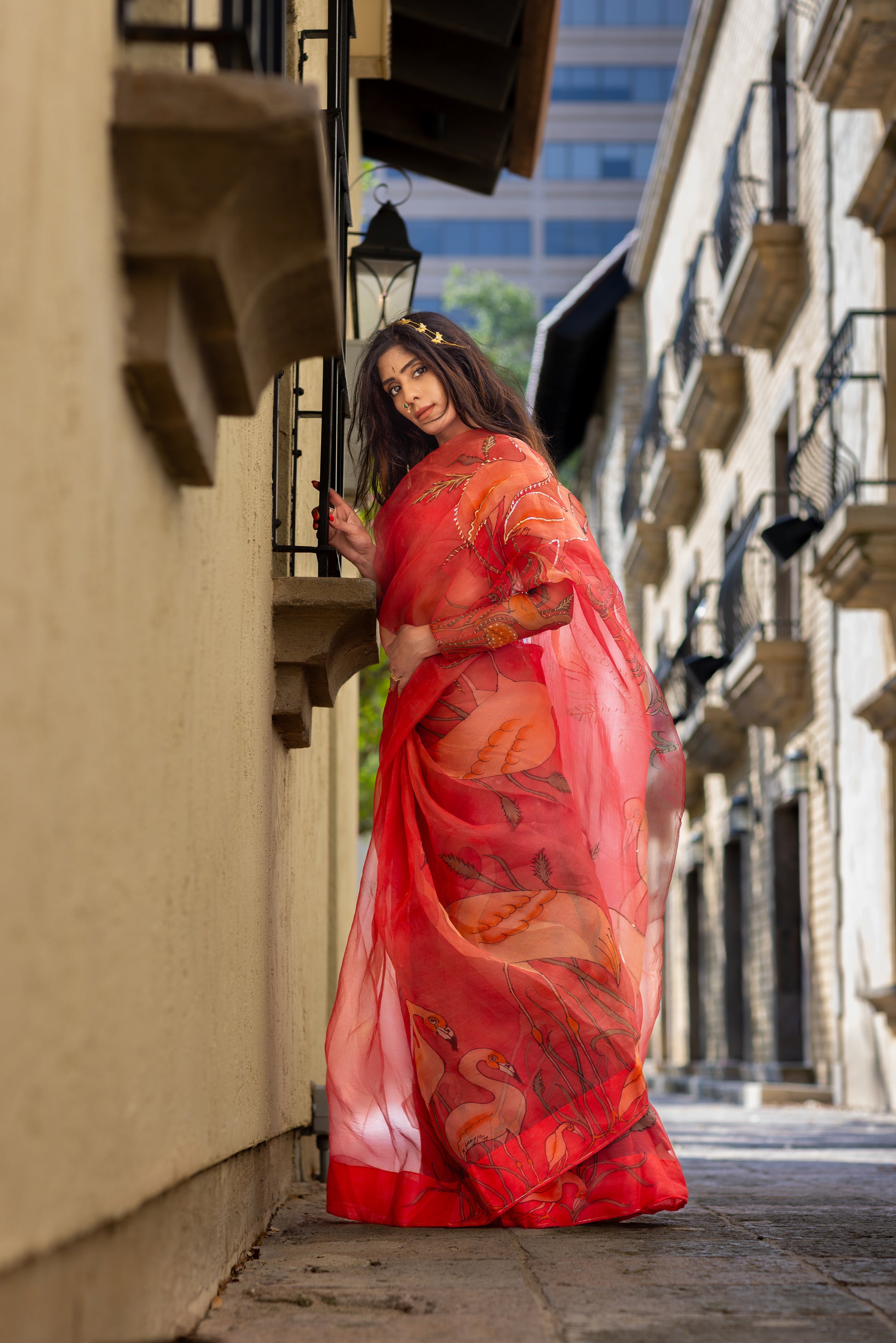 Kanmani – Red Pure Organza Silk Saree with Handpainted Flamingo Motifs