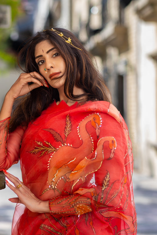 Kanmani – Red Pure Organza Silk Saree with Handpainted Flamingo Motifs