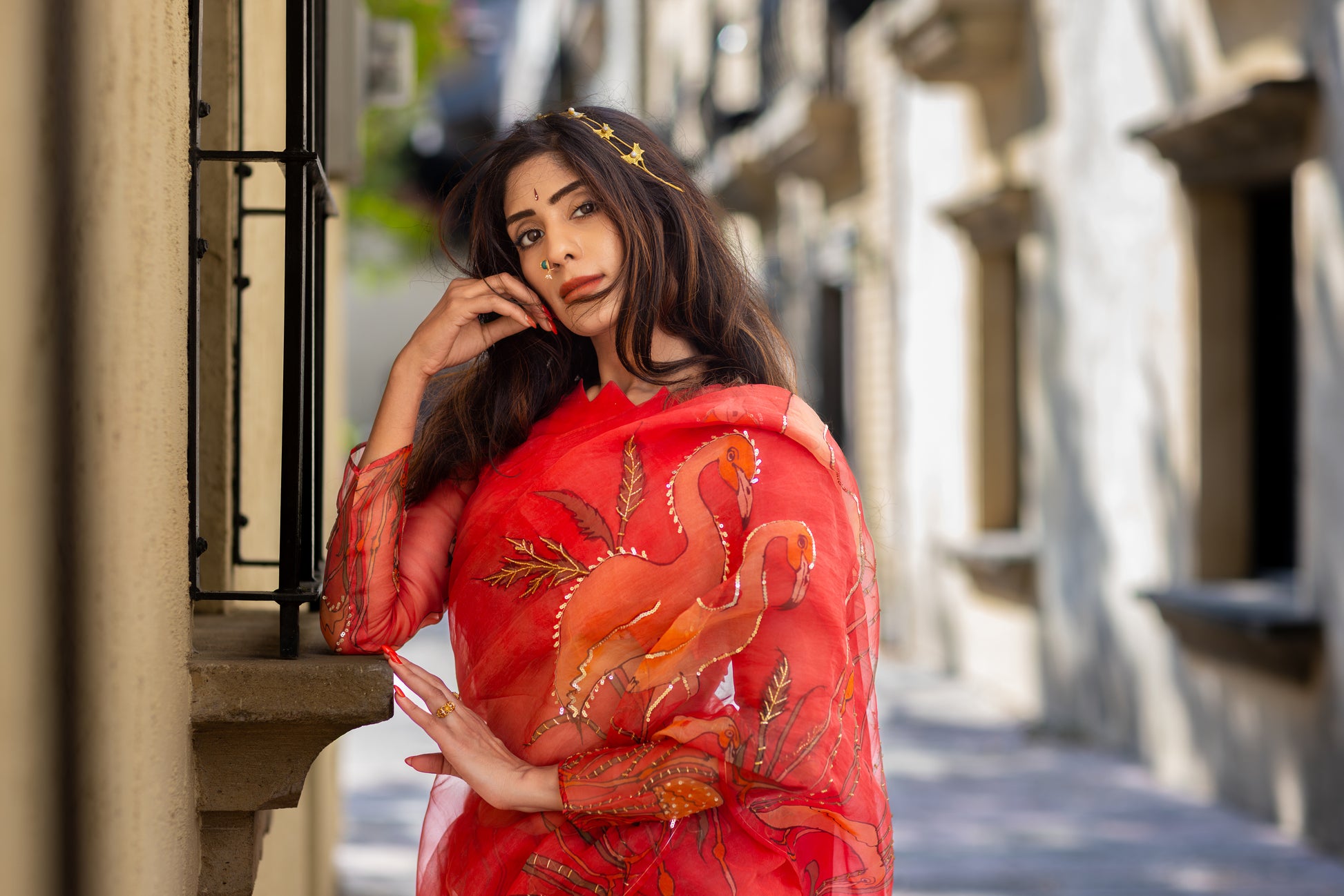Kanmani – Red Pure Organza Silk Saree with Handpainted Flamingo Motifs
