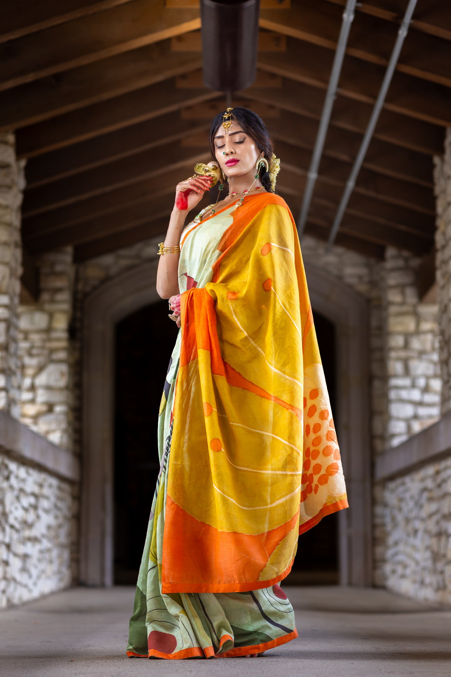 Devika – Handspun Pure Chanderi Cotton Silk Saree with Pen Kalamkari Art