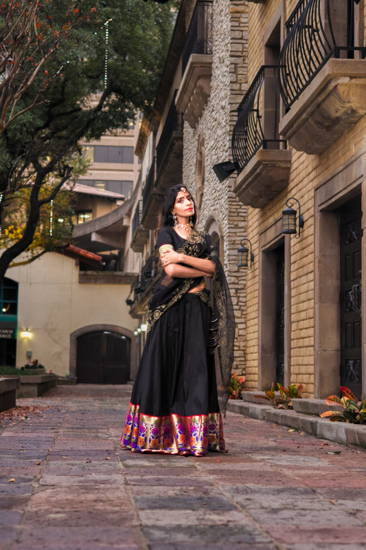 Black Raw Silk Lehenga with Paithani Border – Buy Online in USA