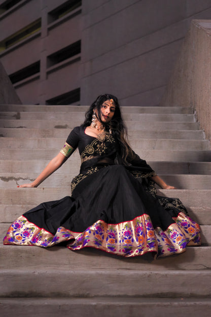 Kali: Black Raw Silk Lehenga with Paithani Silk Border