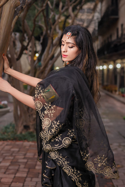 Kali: Black Raw Silk Lehenga with Paithani Silk Border