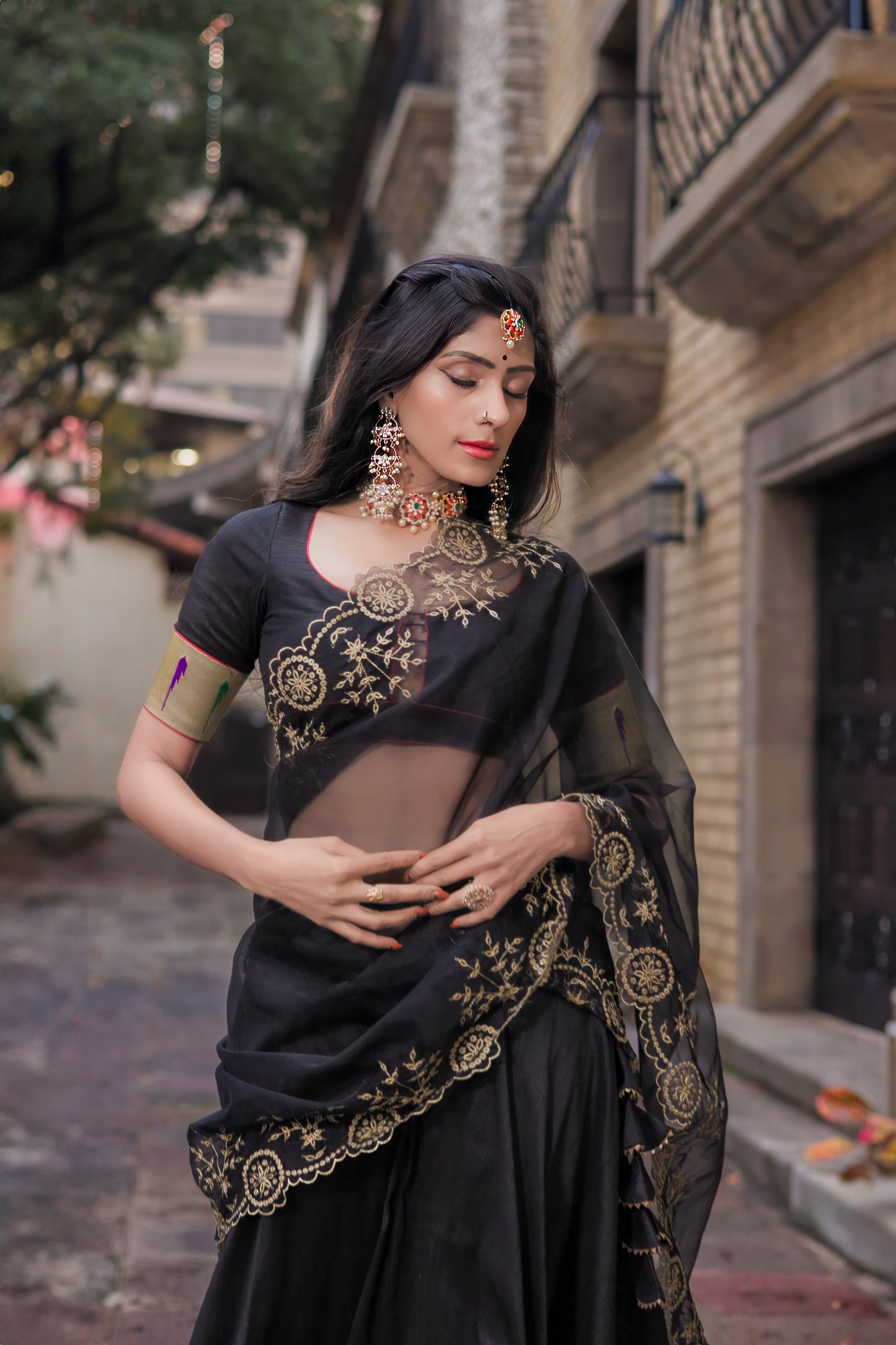 Kali: Black Raw Silk Lehenga with Paithani Silk Border