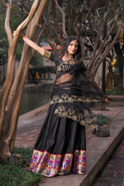 Kali: Black Raw Silk Lehenga with Paithani Silk Border