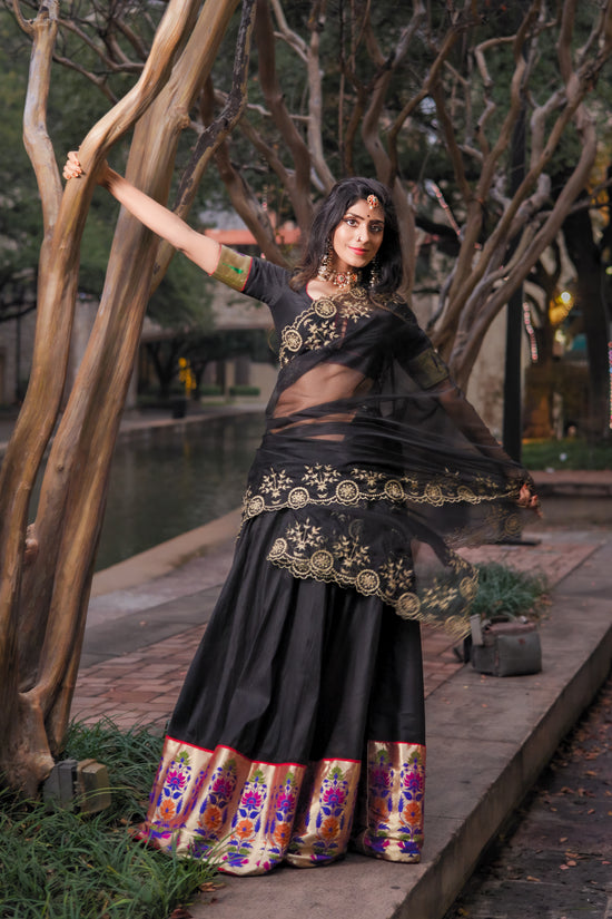 Black Raw Silk Lehenga with Paithani Border – Buy Online in USA