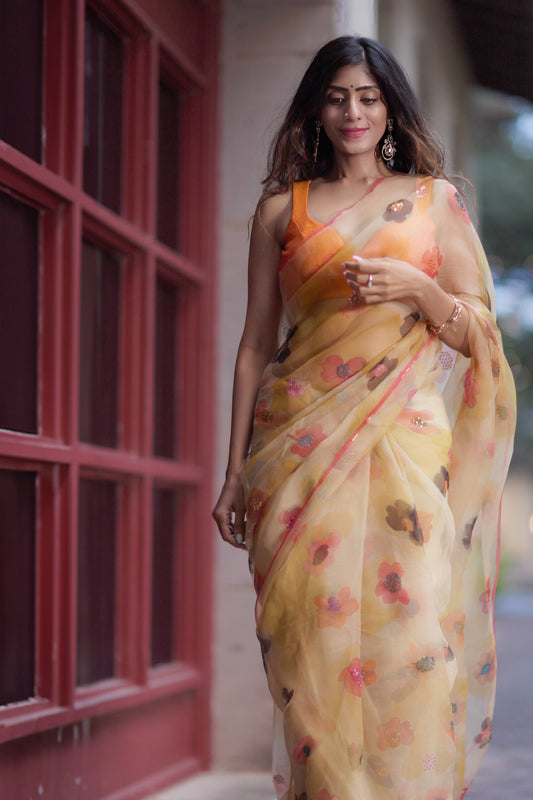 Kasturi – Handpainted Organza Silk Saree 