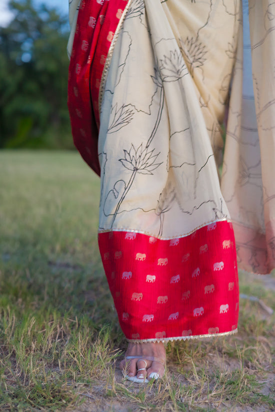 Handpainted Bangalore Silk Saree with Red Elephant Border – USA